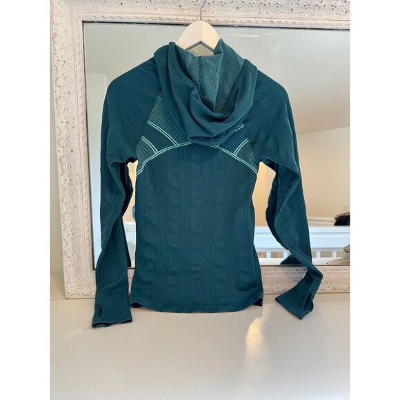 Athleta Teal Blue Zip Up Hooded Stretch Knit Workout Jacket Size Small - Picture 3 of 5